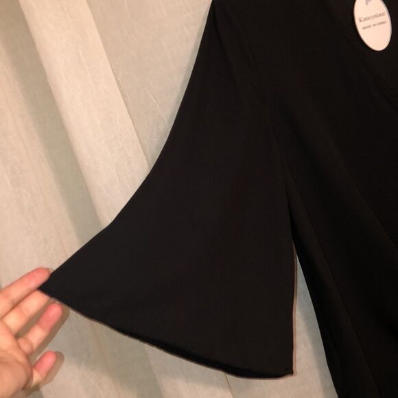 Kancystore M Black Button Front V-Neck Bell Quarter Sleeve Tie Front Blouse - Picture 7 of 12